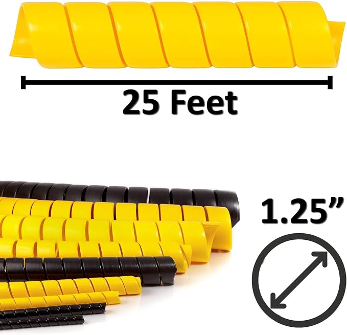 Electriduct 1.25 Inch Heavy Duty Spiral Wrap HDPE Flexible Plastic Cable Sleeve Hose Protector 25 Feet - Yellow