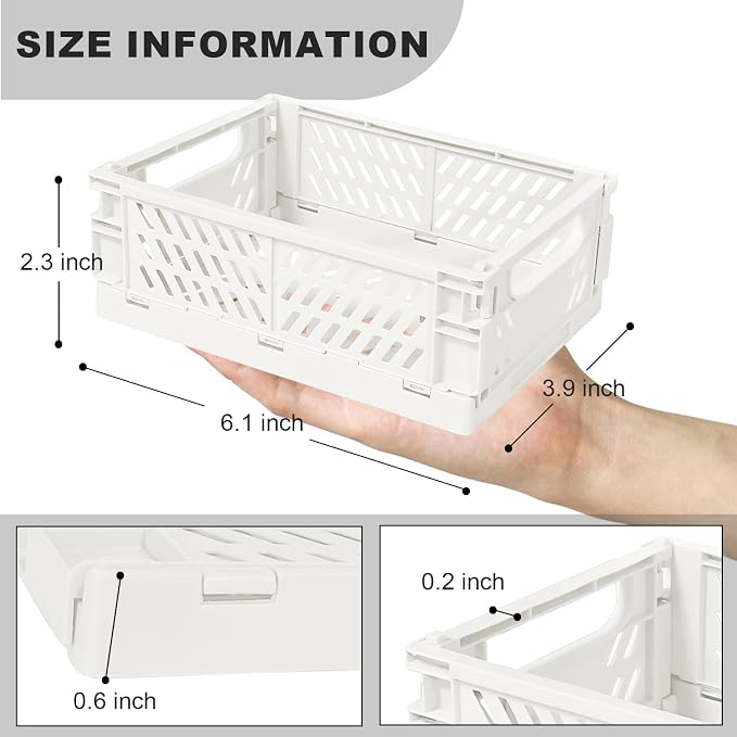 Tobeso-Nuoze Mini Pastel Plastic Storage Bins 2Pcs Foldable Pastel Crates | Basket Colorful Storage Containers Baskets for Classroom Kitchen Office Bedroom Desktop Home Decor (White 5.8" x 3.8" x 2.2")