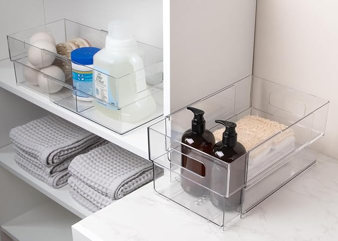 Isaac Jacobs 2-Pack Clear Expandable Storage Bins - Large | 11"-19" L x 7.8" W x 5.8" H, Plastic Organizer with Cut-Out Handles, Adjustable Length from 11-19" for Home, Kitchen & Office