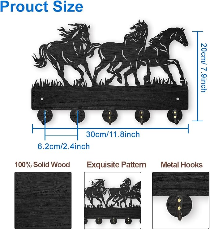 MAYJOYDIY Horse Coat Hooks Wall Mounted 11.8×7.9inch Running Horse Key Holder for Wall Wood Key Rack Hanger with 5 Alloy Hooks for Wall Art Decor Entryway Front Door Gift
