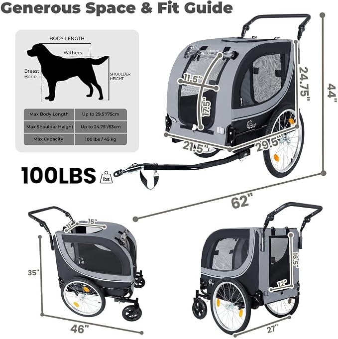 2-in-1 Bike Trailer & Pet Stroller for Dogs up to 100lbs– Foldable Pet Carrier Cart with Two 8'' Front Caster & 20'' Quick Release Air-Filled Wheels