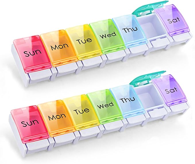 GOGOODA 2 Pack Weekly Pill Organizer Arthritis Friendly 7 Day Pill Holder | Travel Vitamin Container Organizer with Popup Open Design and Ample Space to Hold Vitamins, Fish Oil and Medication