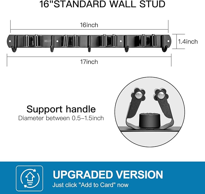 IMILLET Broom Holder Wall Mount, Heavy Duty Garage Organization Mop Hanger | Stainless Steel Broom and Mop Organizer Wall Hanging Self Adhesive for Laundry Room,Garden,Utility