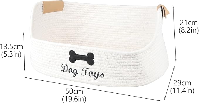 Woven Dog Toy Baskets,Rope Basket for Dog Toys,Collapsible Dog Toy Bin with Leather Handles,Trapezoidal Puppy Toy Storage Basket,Chewproof Dog Organizer for Toys,Collar,Leash,Blankets-Beige