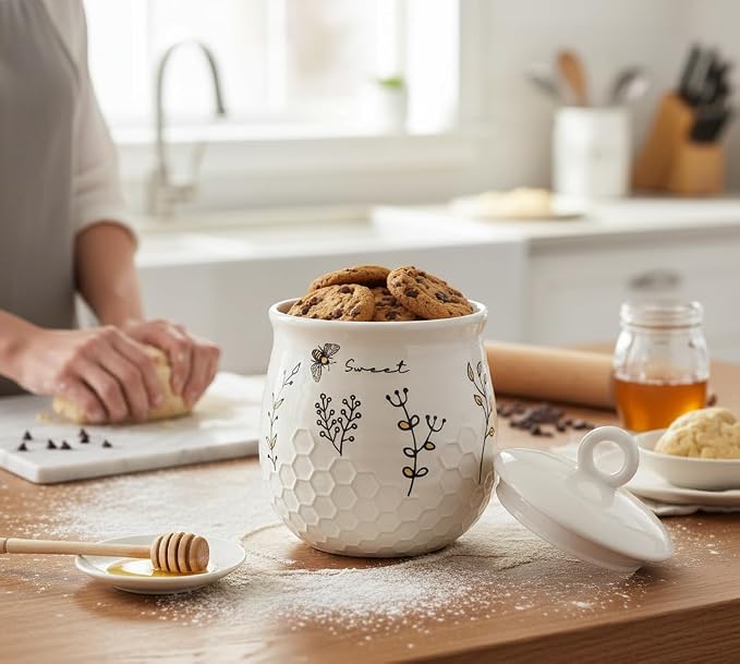 Young's Inc Honey Bee Ceramic Cookie Jar with Lid, Farmhouse Kitchen Storage Canister for Cookies, Treats,Coffee,Tea,Snacks,7.8 Inch Sweet Bee Decor Rustic Kitchen Container