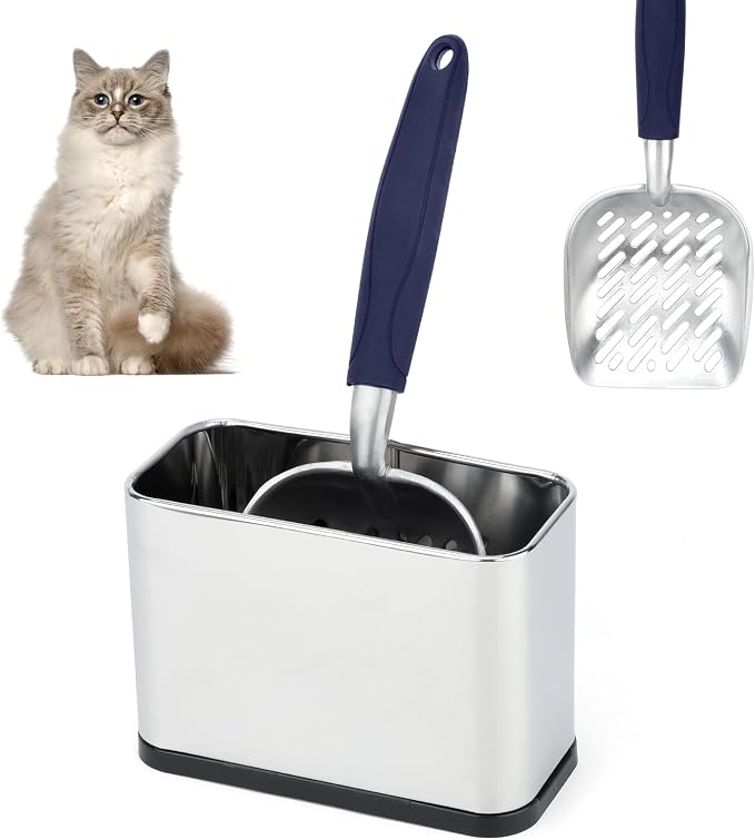Metal Cat Litter Scoop with Holder, Stainless Steel Caddy, Blue | Heavy-Duty Aluminum Scoop, Stainless Steel Holder, Blue Grip, Removable Base, 12 x 4 x 1.5 in Scoop, 8.5 x 3 x 5.5 in Caddy