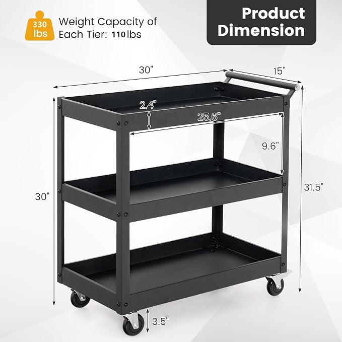 Goplus 3-Tier Utility Cart, Heavy Duty Commercial Service Tool Cart w/Lockable Wheels, 330lbs Load Capacity, Ergonomic Handle, Rolling Mechanic Tool Cart Storage Organizer for Warehouse Garage Black