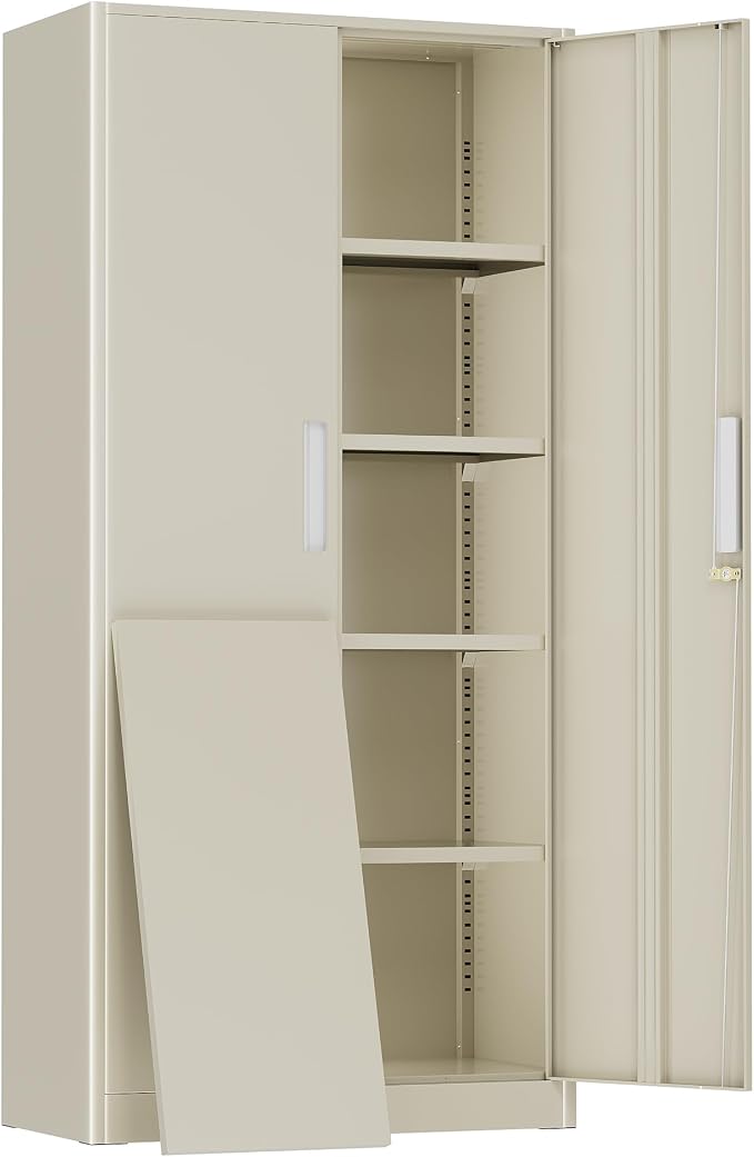 Greenvelly Metal Storage Cabinet, 72" Locking Metal Garage Storage Cabinet with Doors and 4 Adjustable Shelves, Lockable Steel Cabinet for Home Office, Garage, Shop, School (Grey 32" W x 16" D)