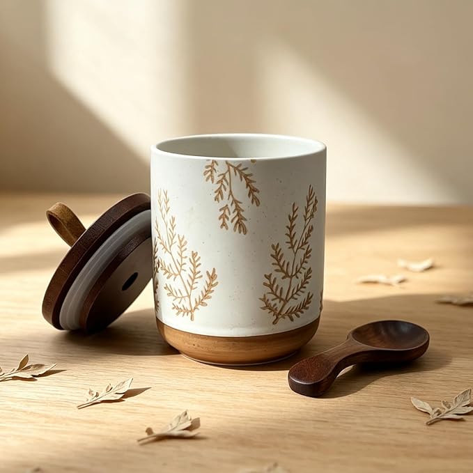 10oz Ceramic Airtight Food Storage Container with Wooden Spoon for Sugar,Matcha,Salt,Coffee,Spices,Cat Treat,Loose Leaf Tea(White Botanical Fern Pattern)