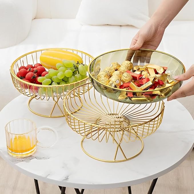 Transparent PET base fruit platter gold stand metal frame snack dessert tray plate, home creative modern living room fruit bowl stand (Transparent)