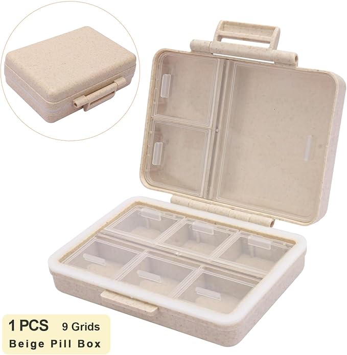 Travel Pill Organizer, 9 Compartments Portable Small Pill Box | Double Lock Daily Pill Dispenser, Made from Wheat-Straw, Hold Medicine Vitamin Supplements Fish Oils, for Travel, Work, Beige
