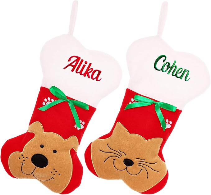 Personalized Christmas Stockings for Dogs Cats, Custom Pet Christmas Stockings with Embroidered Name, Red Bone Pet Xmas Stockings for Holiday Decoration (5 Pcs)