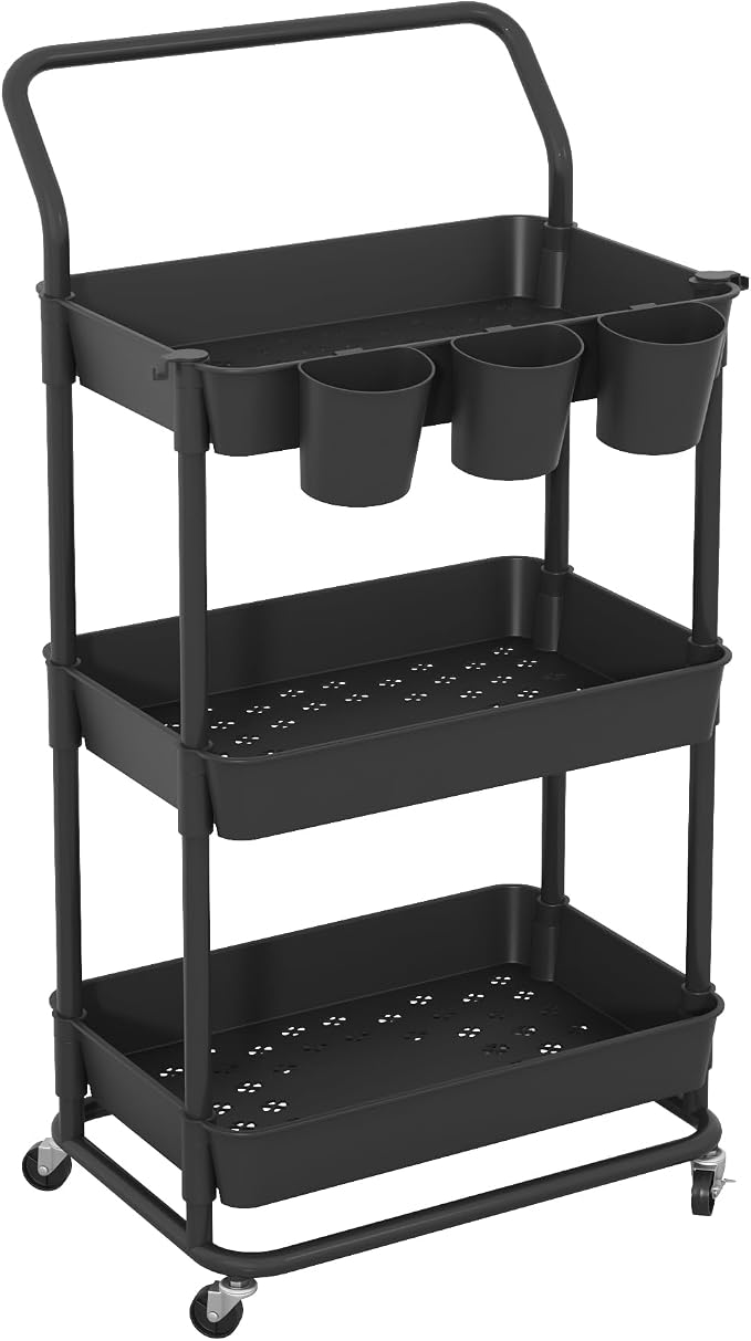 Buzowruil 3-Tier Rolling Utility Cart, Storage Cart with Handle Multi-Purpose and Locking Wheels,with Hanging Basket and Hook for Office, Kitchen, Bathroom,Black