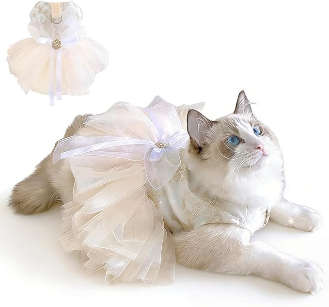 Princess Dog Wedding Dress - Embroidered Gown with Fluffy Tutu Skirt & Leash D-Ring, Formal Party Outfit for Small Dogs & Cats Like Chihuahua Yorkie (White Bow-Princess, X-Small)
