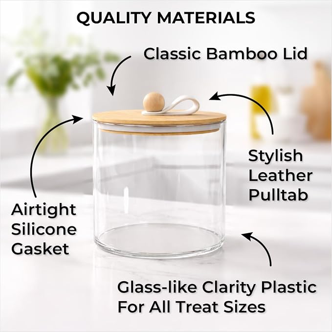 Dog Treat Container Airtight & Dog Treat Jar With Lid: Pet Food Storage | Create a tidy, modern pet feeding zone, Clear acrylic shows food levels instantly, Protect pet food from going stale.