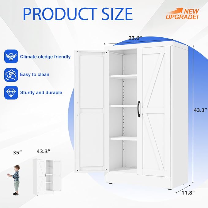 GAIOUS 43.3'' Tall Kitchen Pantry Cabinet, White Metal Storage Cabinet | with 2 Doors and 3 Adjustable Shelves, Steel Freestanding Cupboard, 4 Tier Bookcase for Dining Home Office Bathroom Bedroom