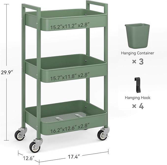 Nunsino 3 Tier Rolling Cart,Utility Cart with Locking Wheels, Hanging Cups,&Hooks, Heavy Duty Metal Storage Organizer Cart for Kitchen,Office, Bathroom,Craft Room,Green