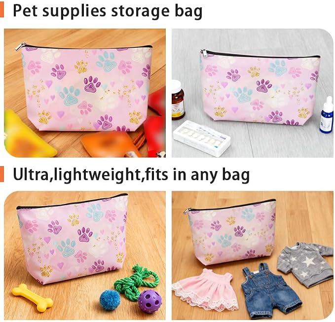 Cats Dogs Paws Cosmetic Bag for Pet Lovers Birthday Christmas Gifts for Women Men Dog Cat Snacks Makeup Organizer Bag Travel Toiletry Zipper Pouch Travel Essentials Accessories Storage Bags