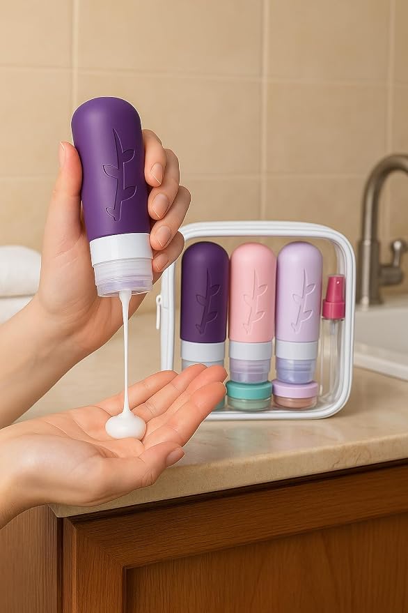 Tocelffe TSA Approved Travel Containers for Toiletries - Leak Proof Silicone Bottles, Refillable Liquid Travel Essentials for Shampoo, Conditioner, Lotion