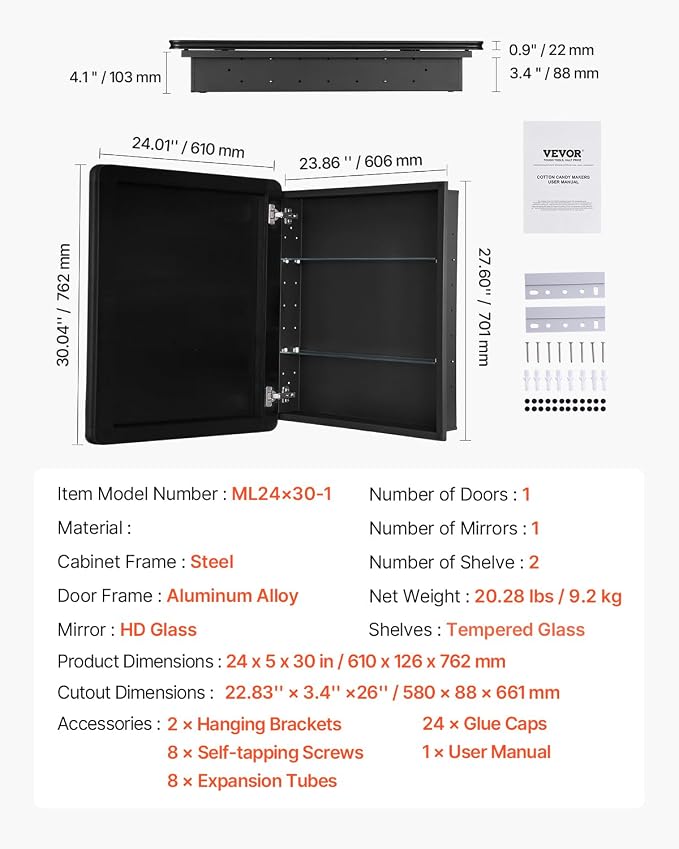 VEVOR Medicine Cabinet, 24 x 30 inch, Medicine Cabinet for Bathroom with Mirror, Aluminum Frame Bathroom Wall Cabinet, 2-Layer Adjustable Shelves, Recessed & Wall-Mounted Installation