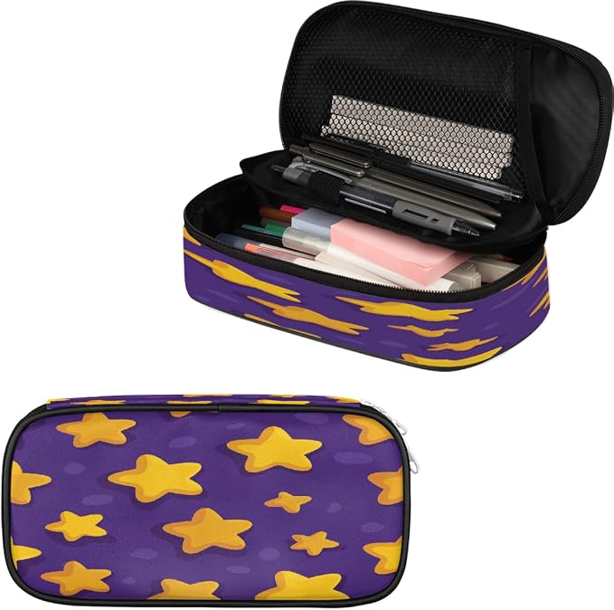 Pencil Cases Large Capacity Pen Pouch, Yellow Stars And Purple Pattern Pencil Box Organizer School Supplies for College Student Teen Adults
