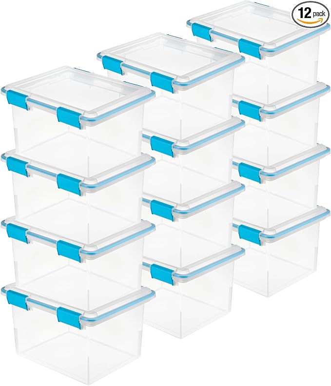 Sterilite Gasket Storage Box with Lids for Home & Office, 32 Quart, 12-Pack | Heavy-Duty, Stackable, and Organizing Containers for Bathroom, Cabinet, Closet, and Garage, Clear and Blue Aquarium Latches