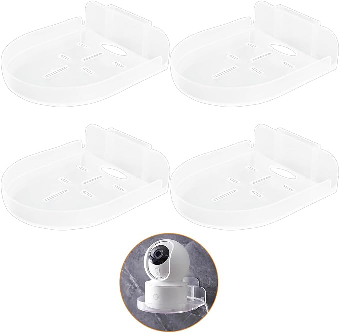 4 Pack Security Camera Wall Mount, Adhesive Baby Monitor Wall Moun Shelves, Universal Command Strip Shelf with Cable Clips (Transparent)
