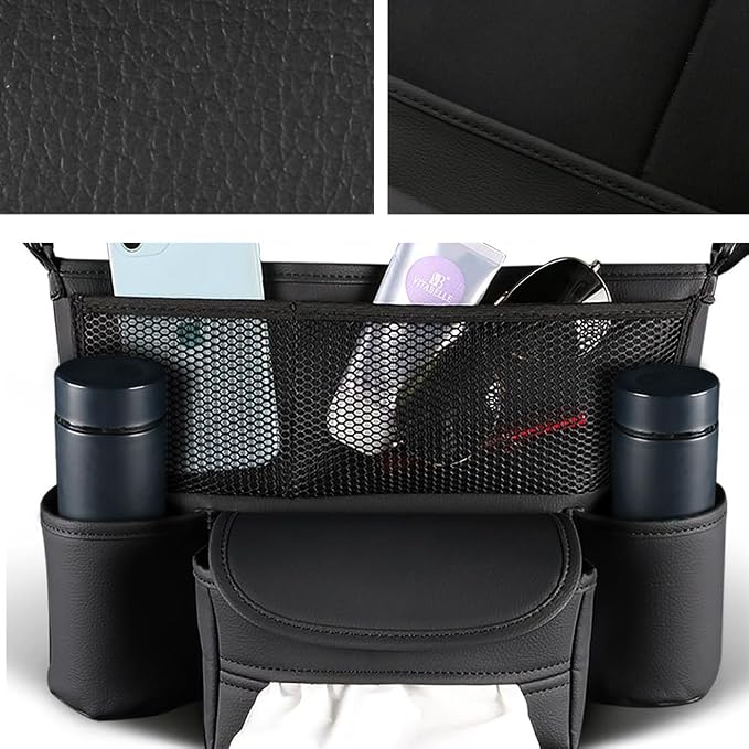 Car Purse Holder Between Seats Car Organizer, Leather Large Capacity Car Handbag Holder for Front Seat, Seat Back Net Bag Double-sided Tissue Storage Handbag Holder Car Divider (Black)