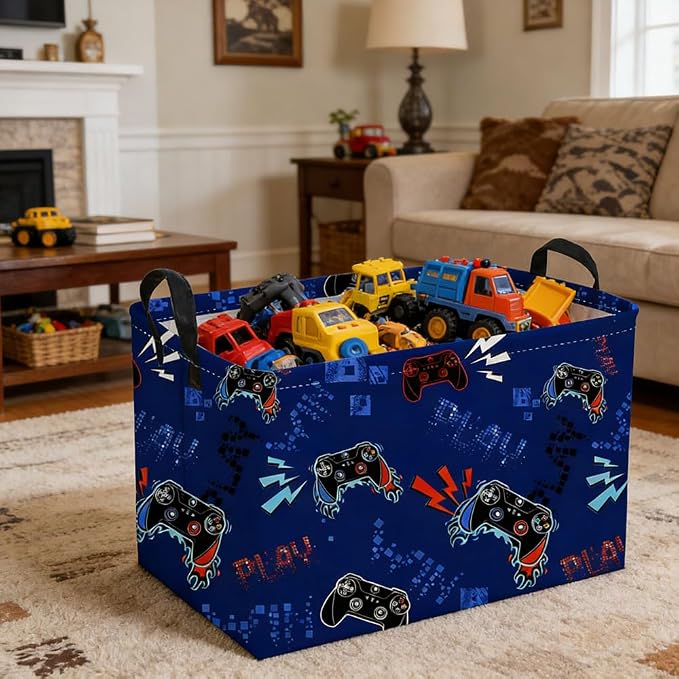 Rectangular Game Basket for Boys,Game Storage Bin,Boy Storage Basket,Collapsible Storage Bin,Gift Organizer, Shelf Baskets,Boy Room Decor(Blue Game)