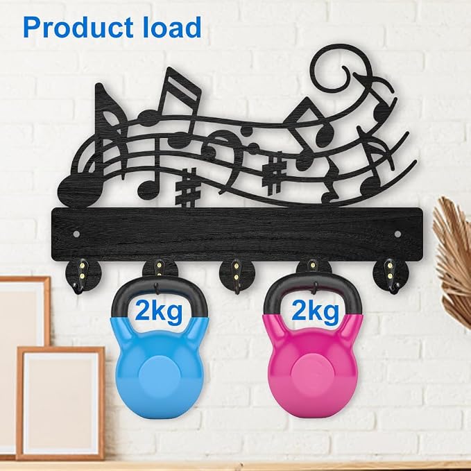 MAYJOYDIY Music Notes Coat Hook Wall Mount 11.8×7.9inch Wood Musical Key Holder for Wall Key Hanger Wall Art Decor 5 Alloy Hooks Black Hook Rack Hat Towel Holder for Entryway Living Room Gift