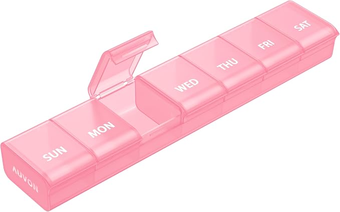 AUVON Weekly Pill Organizer with Effortless Opening Design, BPA-Free | Arthritis Friendly Pill Box, Cute Pill Organizer 7 Day, Portable Pill Case for Vitamins, Supplements and Medications, Pink