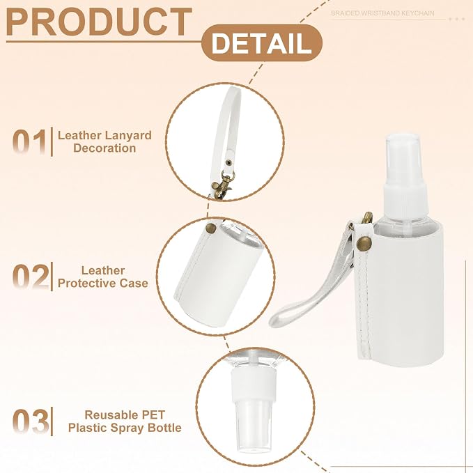 uxcell Travel Empty Spray Bottles with Leather Bag Holders, 30ml Refillable Leakproof Bottles Travel Size, Portable Hand Soap Containers for Cosmetic Perfume Air Freshener,White