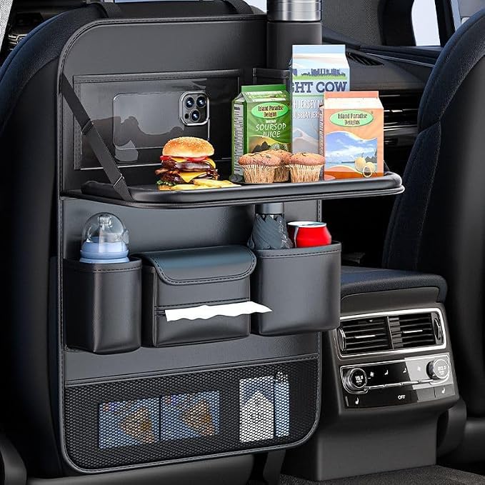Universal Foldable Car Backseat Organizer with Table Tray, Car Seat Back Protector with Touch Screen Phone Holder, Premium Leather Kick Mats with Storage Pockets Tissue Box (Black)