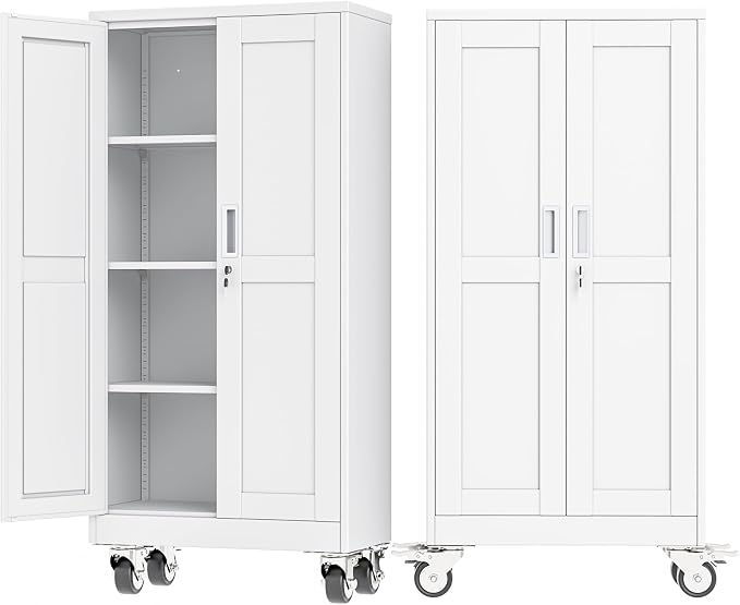 Ckzbx Metal Garage Storage Cabinet with Locking Doors and Adjustable Shelves,61" H Rolling Tool Storage with Wheels for Garage,Office (White)
