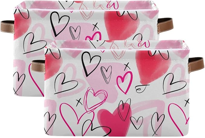 Happy Valentine's Day Pink Love Storage Basket Fabric Laundry Baskets Red Heart Storage Boxes Organizer Bag for Baby Cloth Dog Toy Book Storage Cubes Shelf Closet Bins 16×12×8 Inches