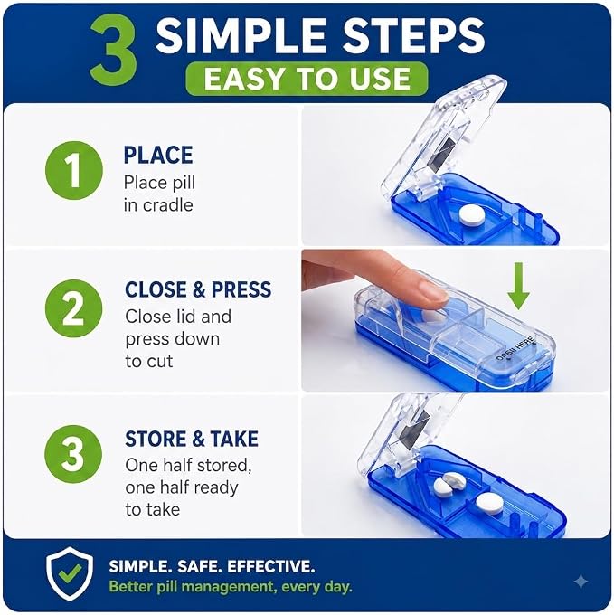 Ezy Dose Pill Cutter and Splitter with Built-in Pill Dispenser, Easy-Cut Stainless Steel Blade for Tablets, Vitamins, Medication, Portable, Travel-Size Pill Cutter for Seniors, Pets, Color May Vary