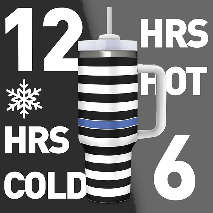 40 OZ USA Line Flag Tumbler with Handle, Thin Blue Double Wall Stainless Steel Travel Coffee Mug with Straw Lid, Insulation and Cooling Cup for Christmas Birthday Present