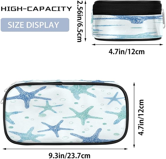 Teal Blue Starfish Pattern Pencil Case Pouch, Big Capacity Waterproof Pen Bag for Students Teens Adults, Large Storage Organizer for Stationery