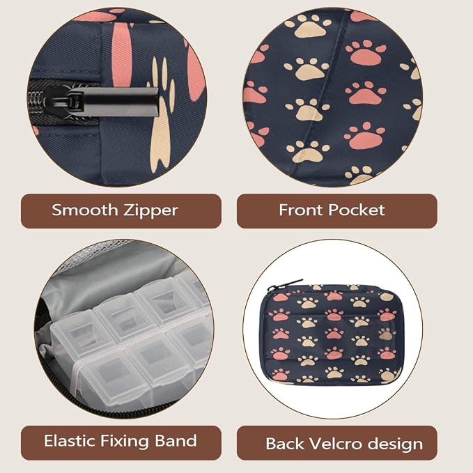 Weekly Pill Organizer Travel Size Bag with Removable 7 Day Pill Box Portable Vitamin Case Purse with Zipper,Pet Paw Prints Pattern