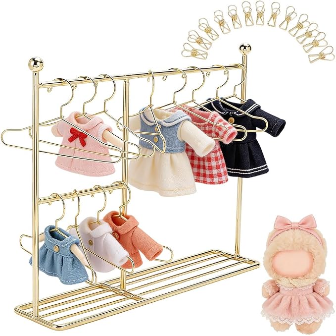 Miniature Garment Rack Kit 9.8x2.4x7.5 Miniature Clothes Rack with 12 Mini Hangers Dollhouse Clothes Rack Mini Iron Garment Organizer for Dollhouse Wardrobe Gown Dress Outfit