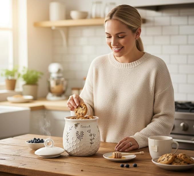 Young's Inc Honey Bee Ceramic Cookie Jar with Lid, Farmhouse Kitchen Storage Canister for Cookies, Treats,Coffee,Tea,Snacks,7.8 Inch Sweet Bee Decor Rustic Kitchen Container