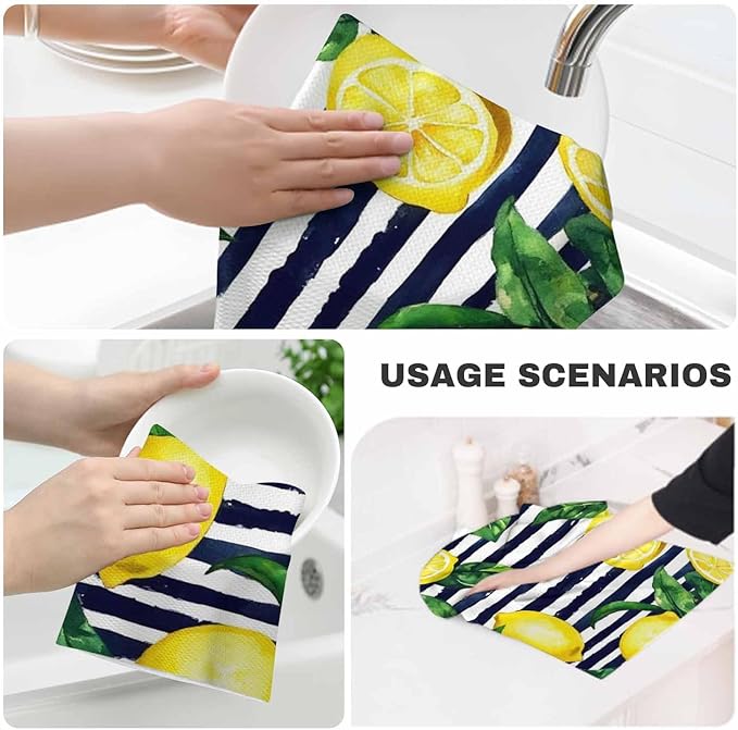Lemons 2Pcs Kitchen Towels Watercolor Golden Lemon Stripes Green Leaf 16X24 Inch Ultra Soft Tea Towel Super Absorbent Terry Dish Towels for Kitchen Linens