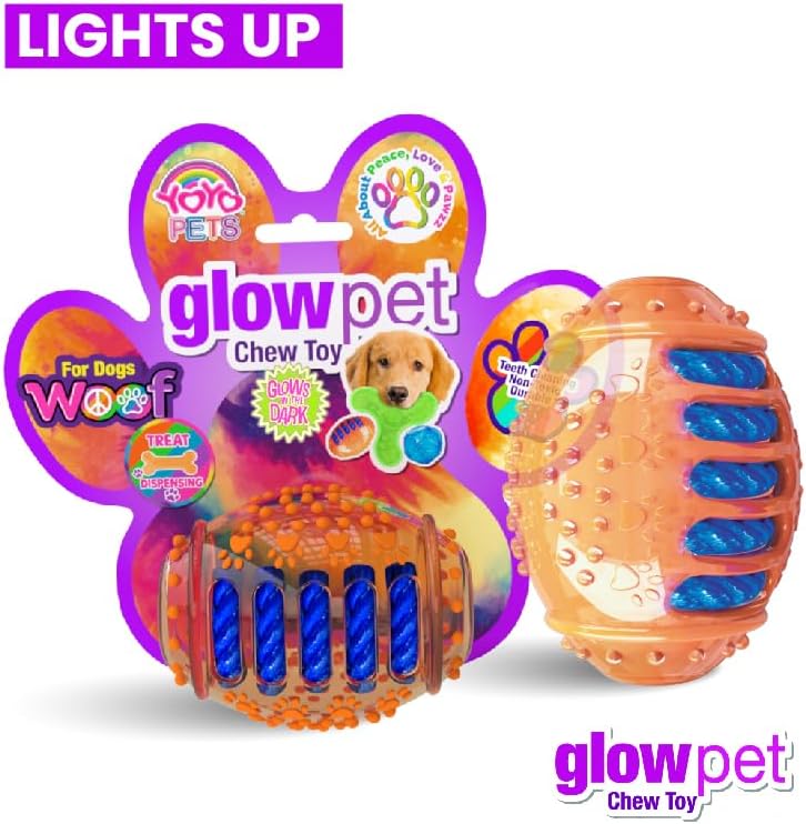 GlowPet Chew for Dogs - Light Up Dog Football for Teeth Cleaning & Gum Massage - Durable, Safe & Non-Toxic Interactive Pet - Perfect for Small to Medium Sized Dogs | Orange