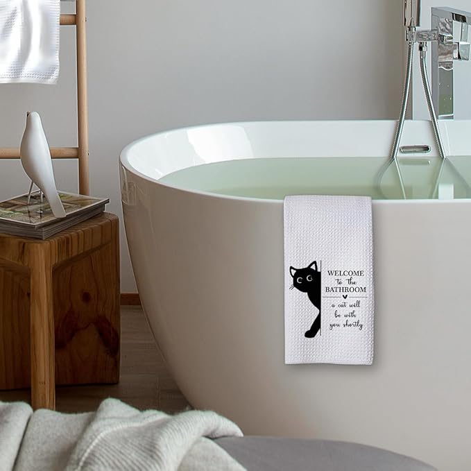 KIDEAR Funny Black Cat Bathroom Decor Welcome to The Bathroom Hand Towel,1 PCS Cute Black Cat Kitchen Towels for Toilet Wall Decorations,Cute Animal, Gifts for Women, Pet Owners Housewarming - A08