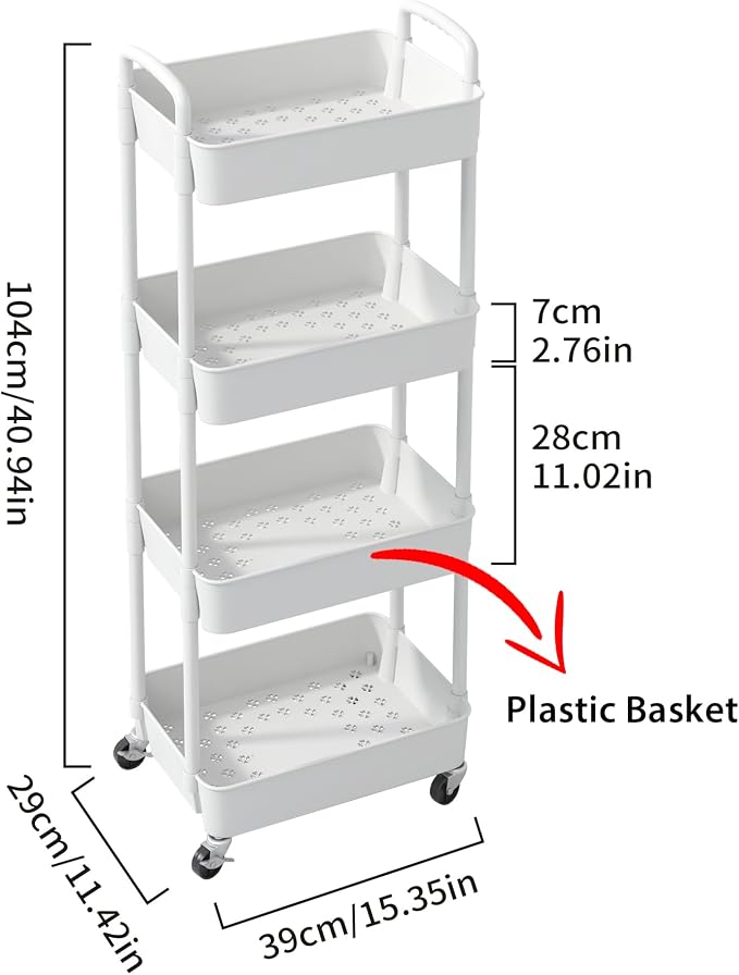 Sywhitta 4-Tier Plastic Rolling Utility Cart with Handle, Multi-Functional Storage Trolley for Office, Living Room, Kitchen, Movable Storage Organizer with Wheels, White (Pack of 2)