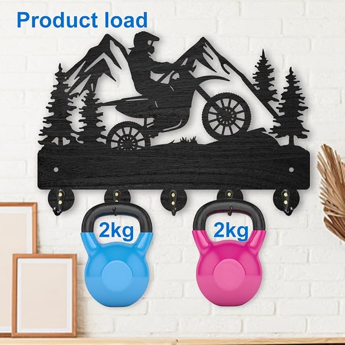 MAYJOYDIY Motorcycle Mountain Forest Coat Hooks, Wall Mounted 11.8x7.9in, 5 Alloy Hooks, Rust Resistant, Wooden Key Holder, Black, 35 Pound Weight Capacity