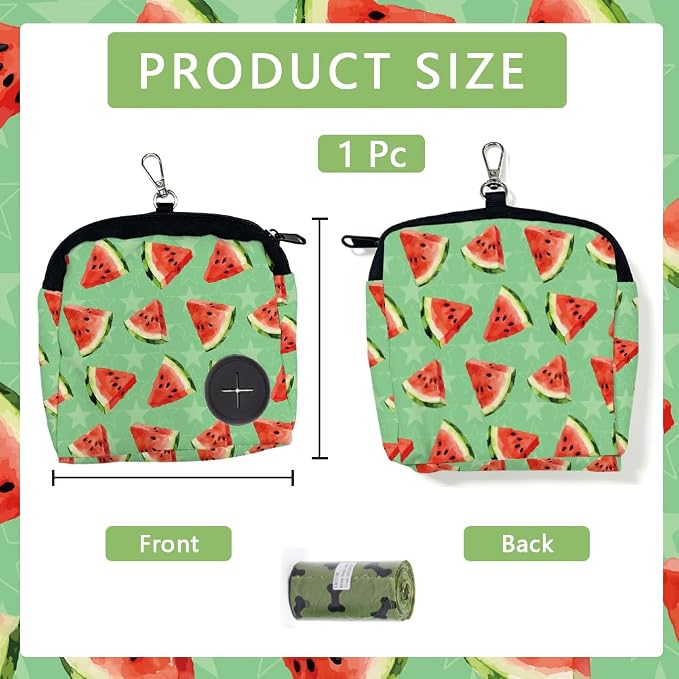 Pet Treat Pouch 5.12 x 4.72 Inch Treat Pouch for Dog Training Watermelons Pattern Polyester Portable Snack Reward Dog Food Dispensers with 1 Roll Garbage Bags for Traveling Outdoor Use