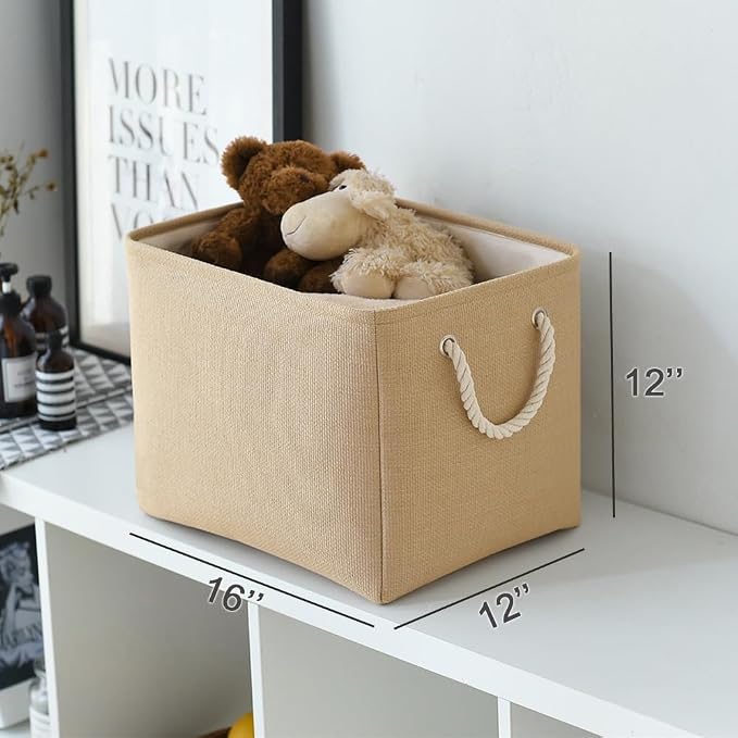 Organization and Storage Basket for Organizing - 3 Pack 16x12x12 inch Cube Fabric Storage Cubes, Storage Bin for Shelves Gift Closet Organizer Cloth Toy (Beige)