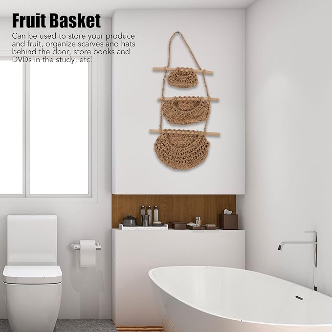 3 Tier Hanging Fruit Basket Wall Mounted Handcrafted Hemp Rope Wood Wall Basket for Produce Toys Storage