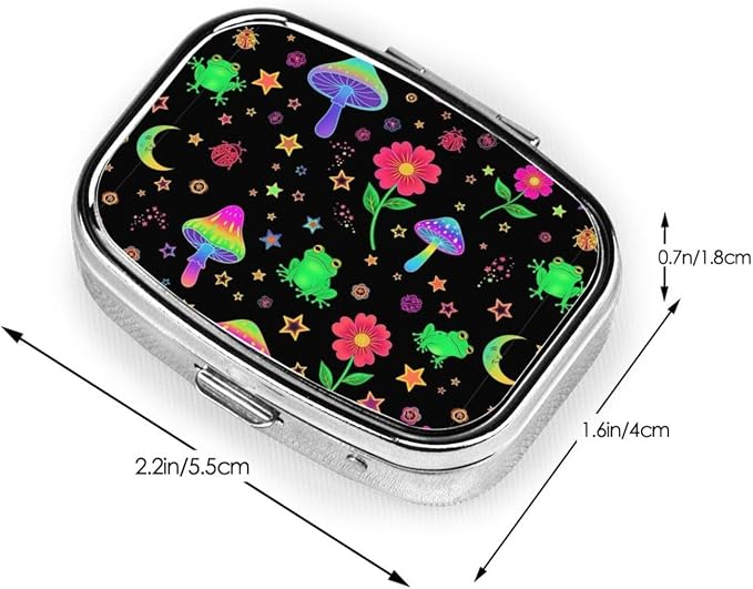 Personalized Pill Box Stainless Steel Custom Medicine Case Compact Supplement Organizer, Beautiful Magical Flowers Goth Moon Mushrooms Frogs